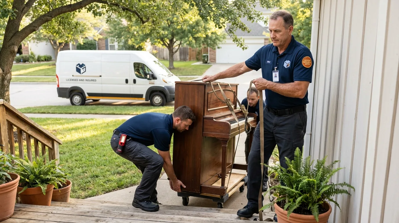 Licensed piano movers securing grand piano in Walker, LA