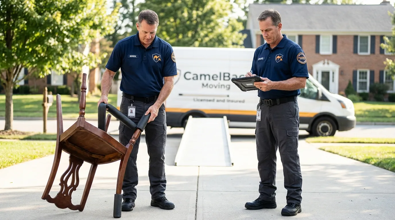 Movers inspecting furniture for damage prevention before loading in Walker, LA