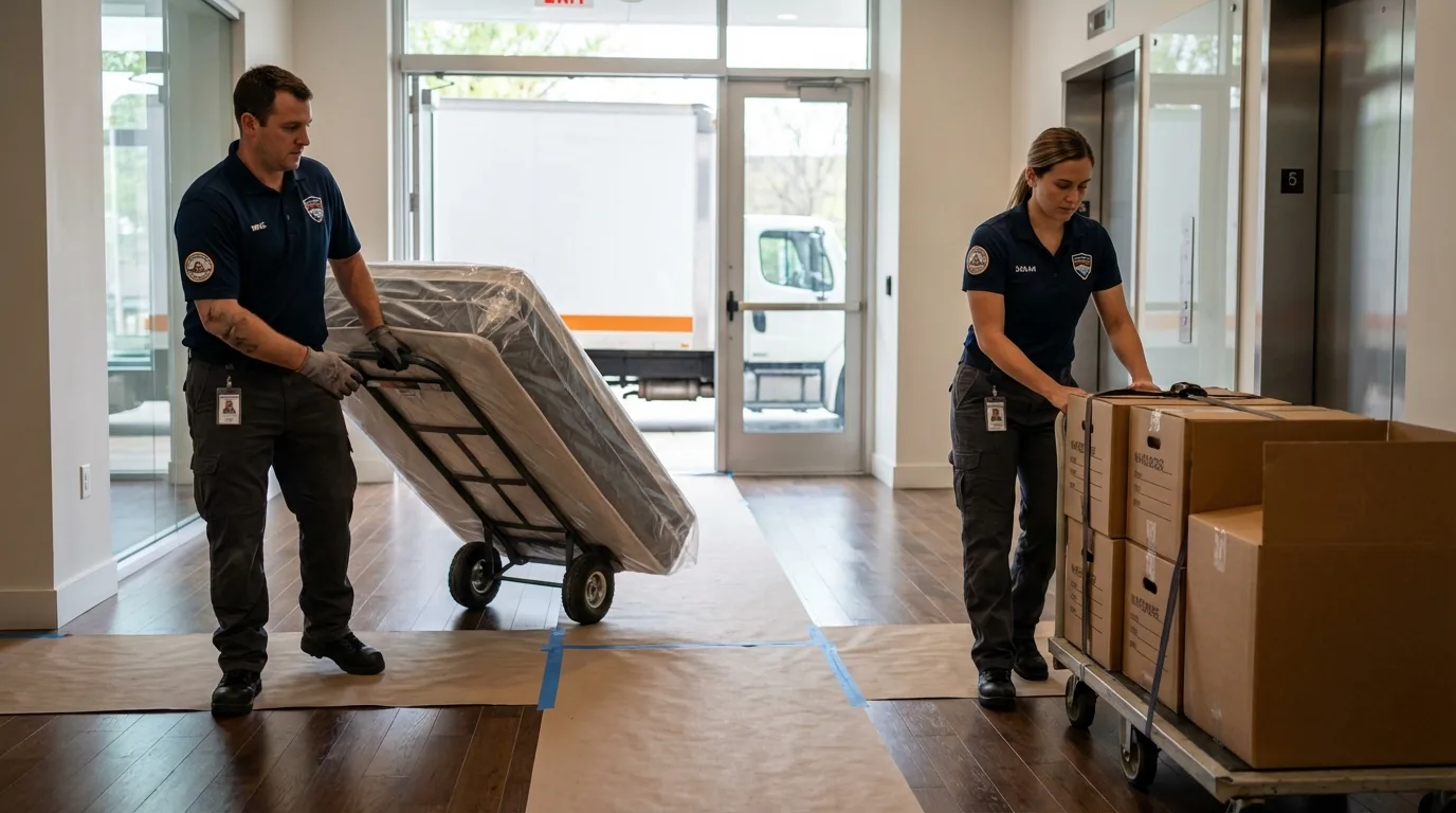 Professional apartment movers loading elevator in Walker, LA