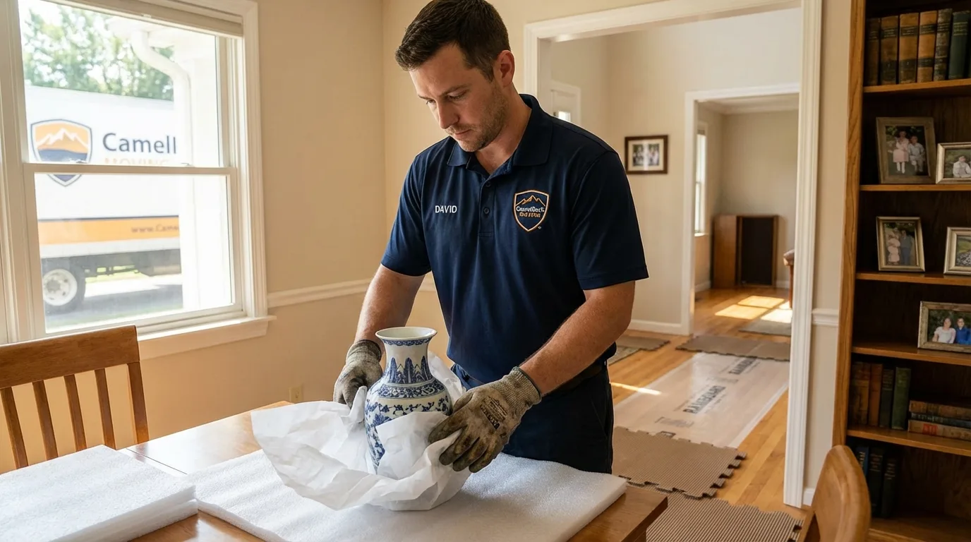 Professional crew carefully wrapping antique vase for senior downsizing move in Walker, LA